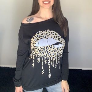 New black off the shoulder leopard lips top shirt